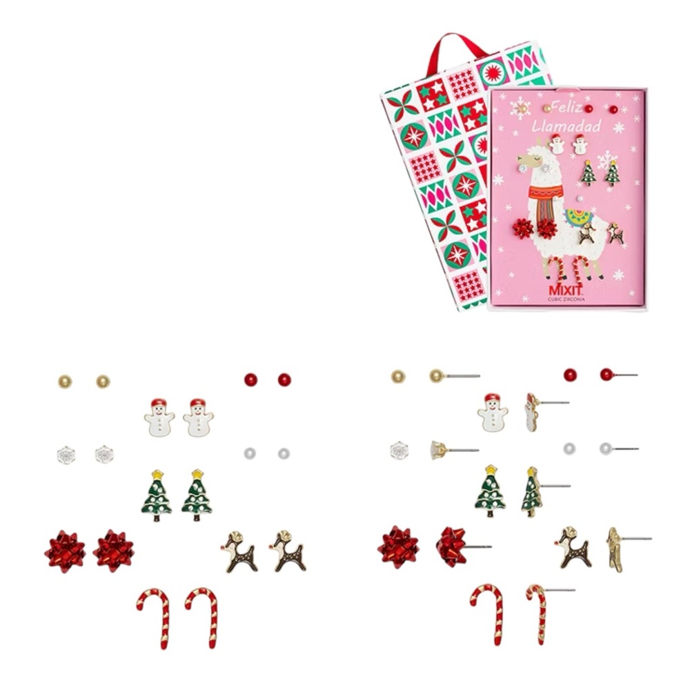 MixIt Feliz Llamada Christmas 9 Pair Gold Tone Cubic Zirconia Earring Set
